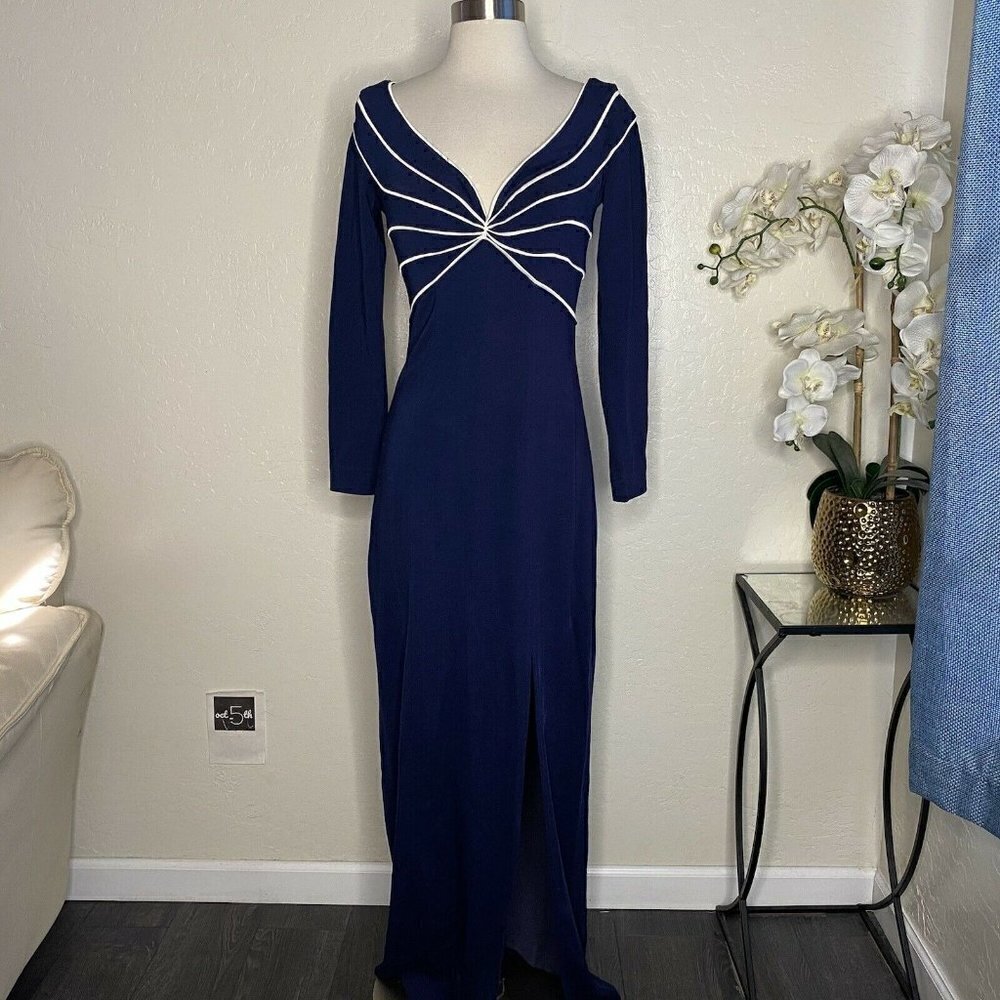 Vtg TADASHI Blue Formal Evening Long Sleeve Gown front slit S.